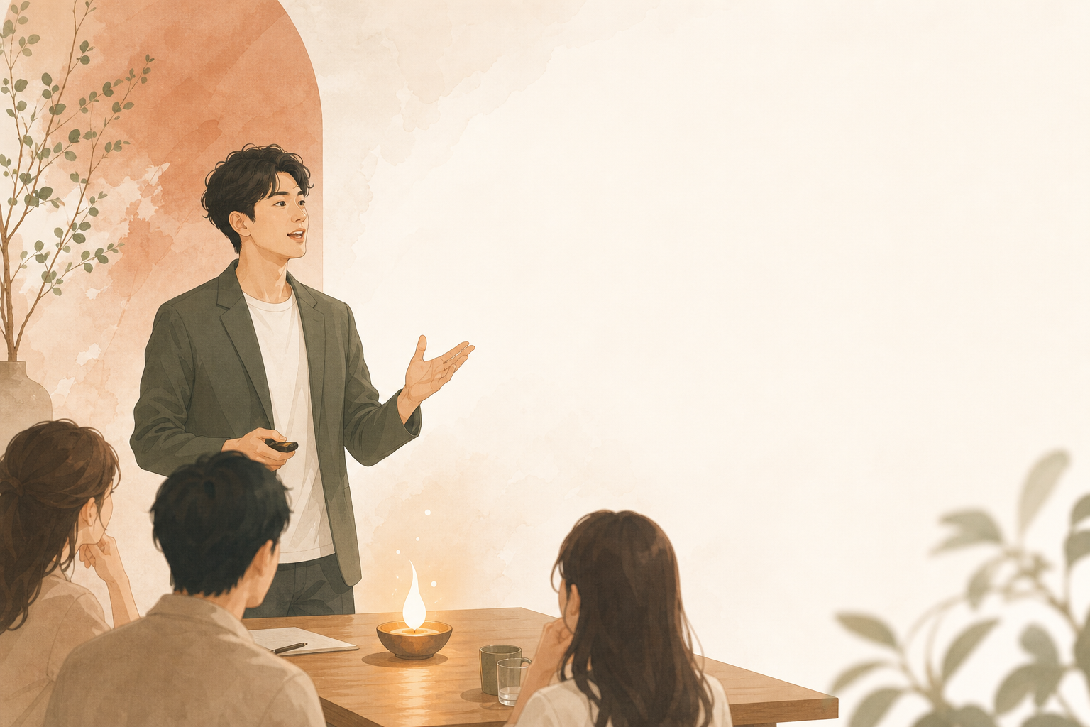 起業家と投資家が灯りを分かち合う、ともしびの世界観イラスト
